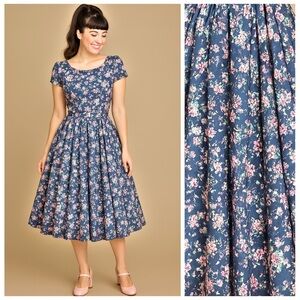 eShakti 50s Style Blue Floral Print Boatneck Cotton Sateen A-line Dress Size 2
